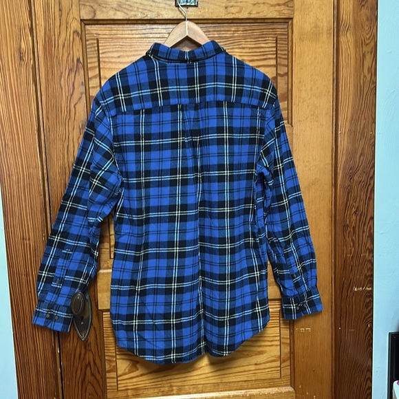 Women’s long flannel shirt button down collar single breast pocket blue & black - Picture 3 of 9